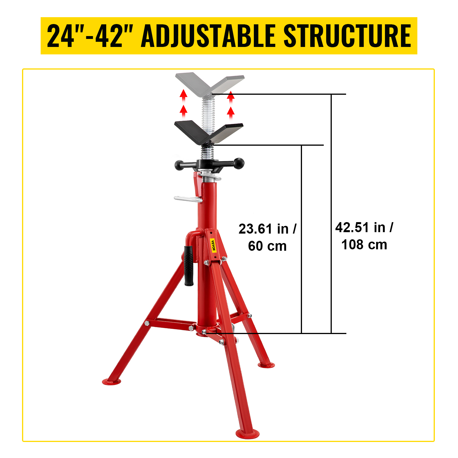VEVOR pipe stand, red, adjustable from 23.61 inches to 42.51 inches.