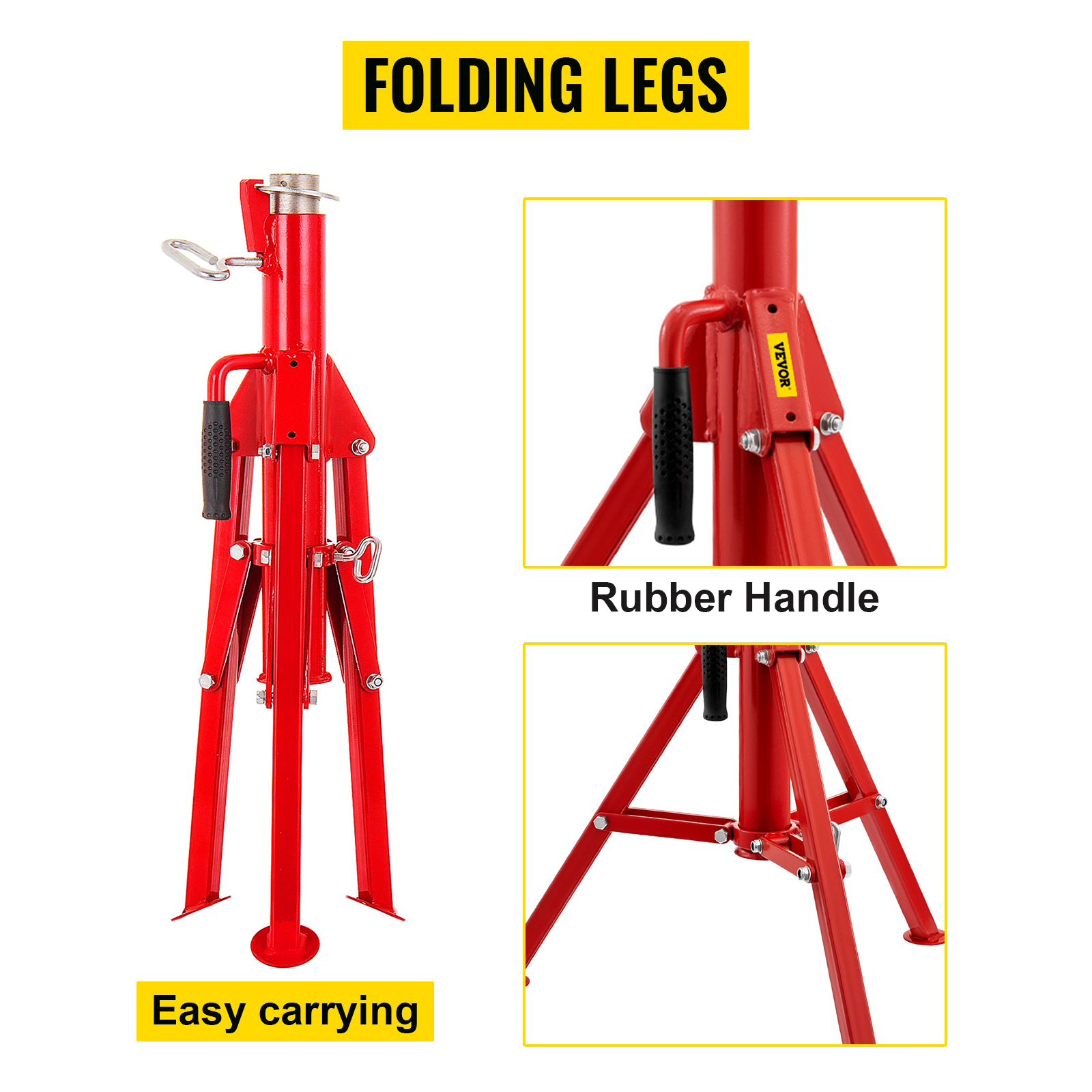 VEVOR pipe stand with folding legs, rubber handle, and easy carrying features.
