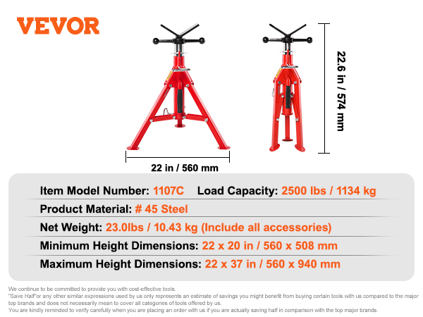 VEVOR pipe stand specifications with dimensions, load capacity, and weight.