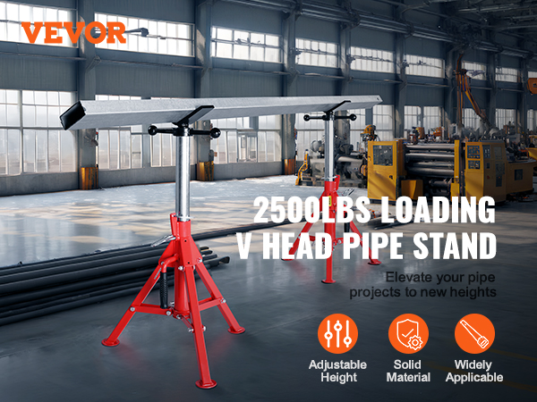 VEVOR pipe stand in warehouse with 2500lb capacity, adjustable height, solid material.