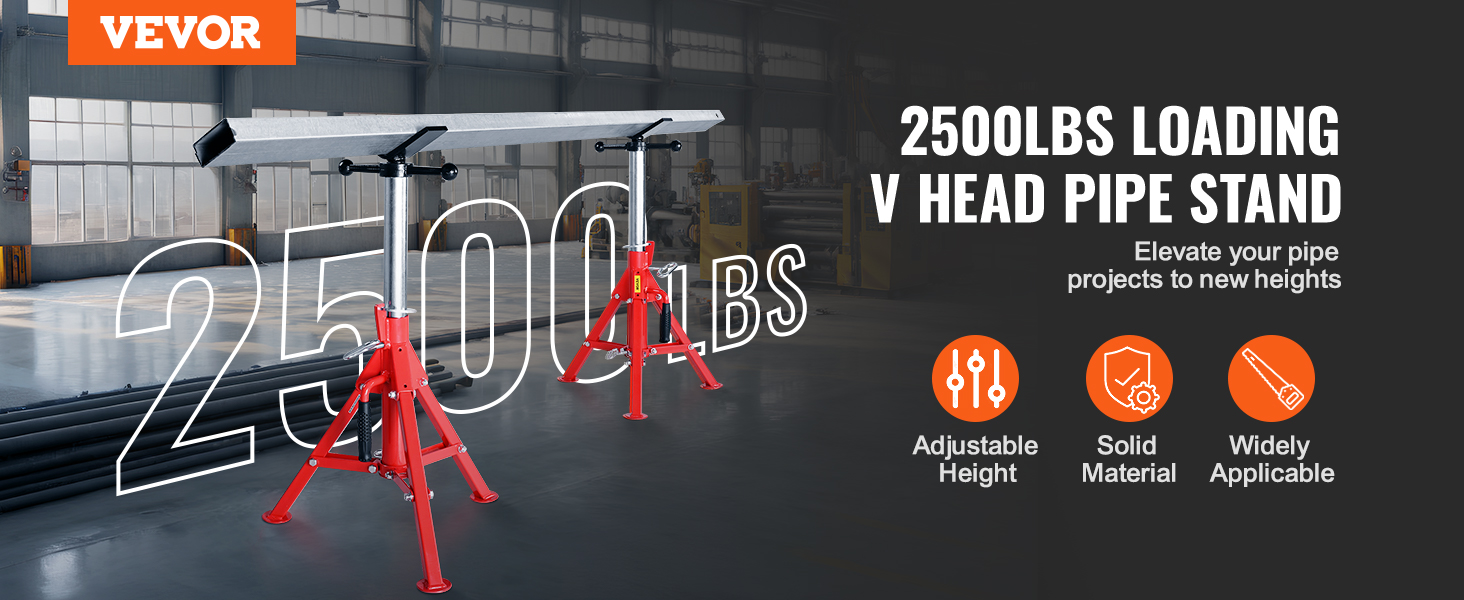VEVOR pipe stand in warehouse with 2500lb capacity, adjustable height, solid material.