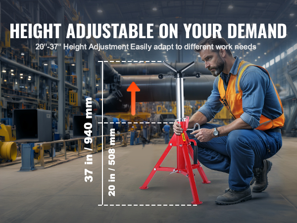 VEVOR pipe stand with adjustable height, 20"-37", ideal for maintenance tasks.