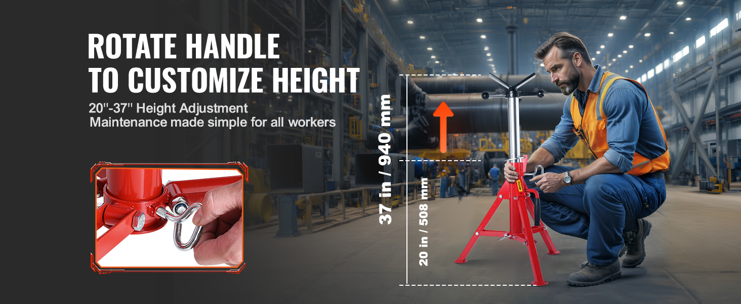 VEVOR pipe stand with adjustable height, 20"-37", ideal for maintenance tasks.