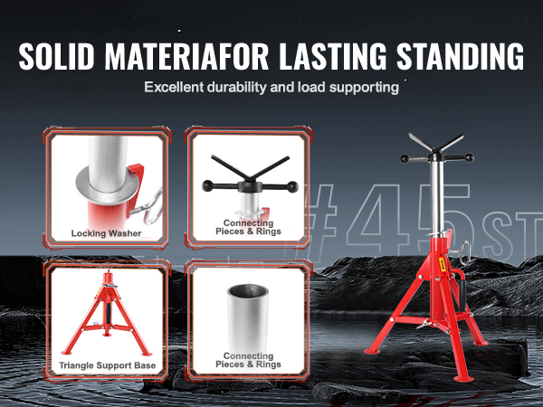 VEVOR pipe stand with solid #45 steel components for lasting durability and support.