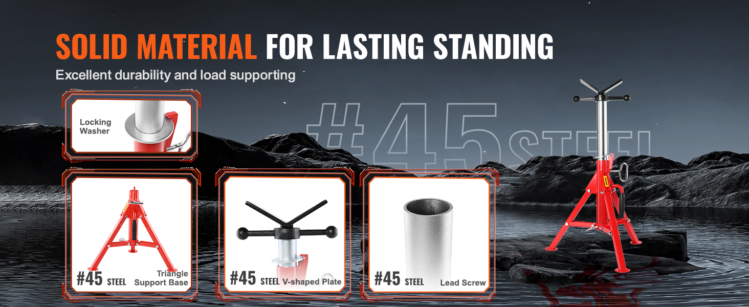 VEVOR pipe stand with solid #45 steel components for lasting durability and support.
