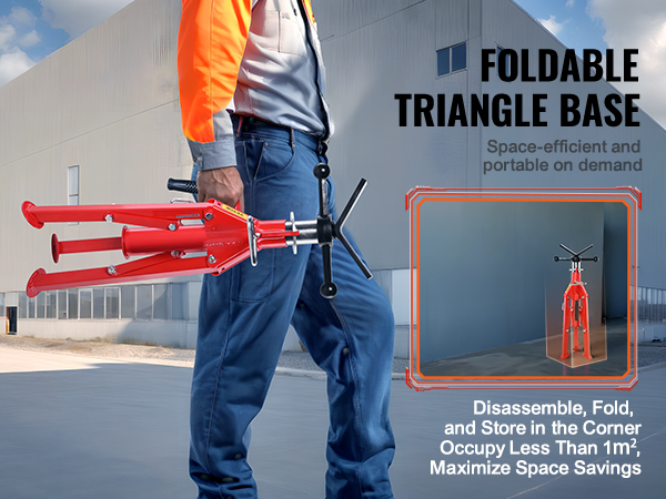worker holding a VEVOR pipe stand with foldable triangle base against an industrial backdrop.