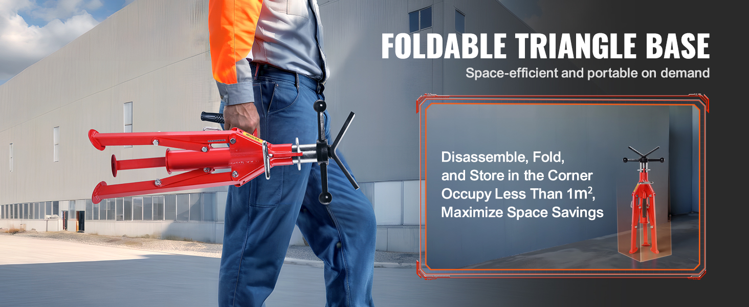 worker holding a VEVOR pipe stand with foldable triangle base against an industrial backdrop.