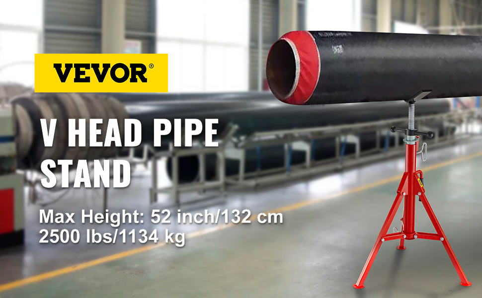 VEVOR pipe stand with a large pipe supported in an industrial setting.