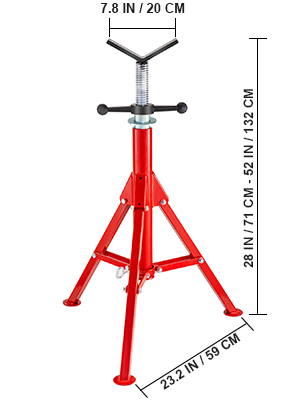 red VEVOR pipe stand with adjustable height, tripod base, and measurements displayed.