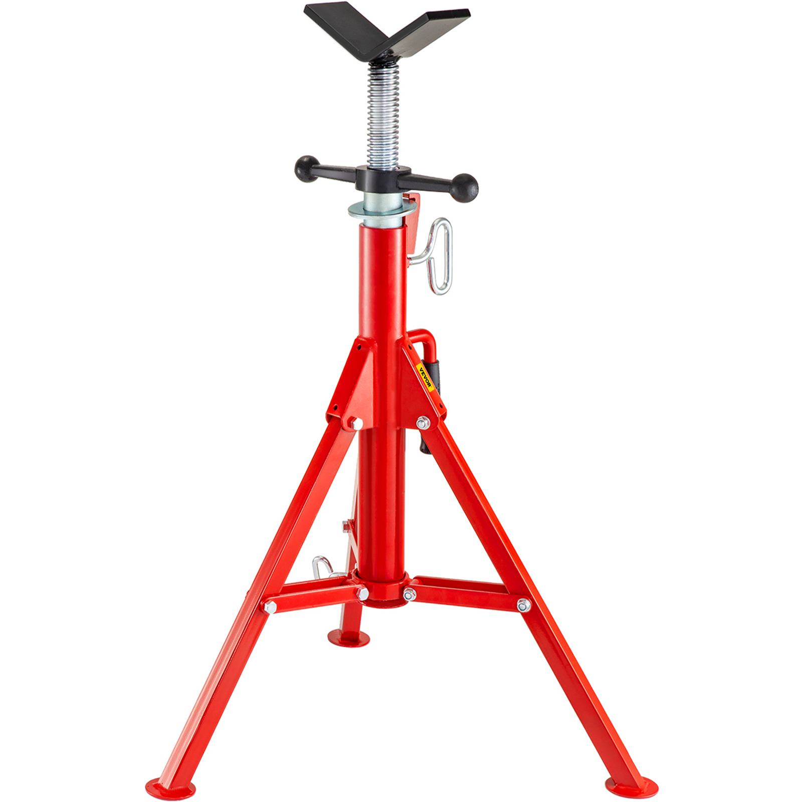 red VEVOR pipe stand with adjustable height and tripod base.
