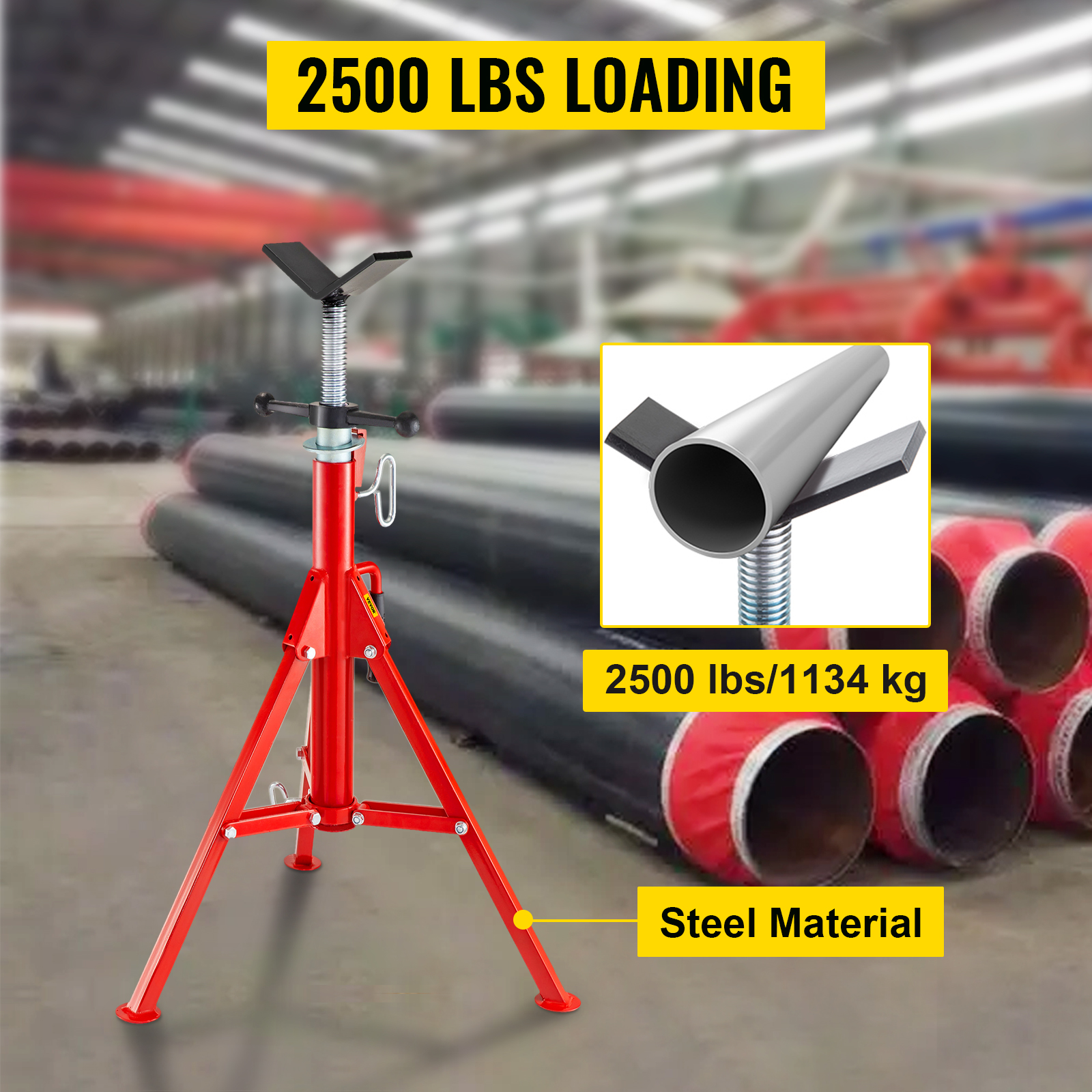 VEVOR pipe stand with 2500 lbs loading capacity, steel material, in an industrial setting.