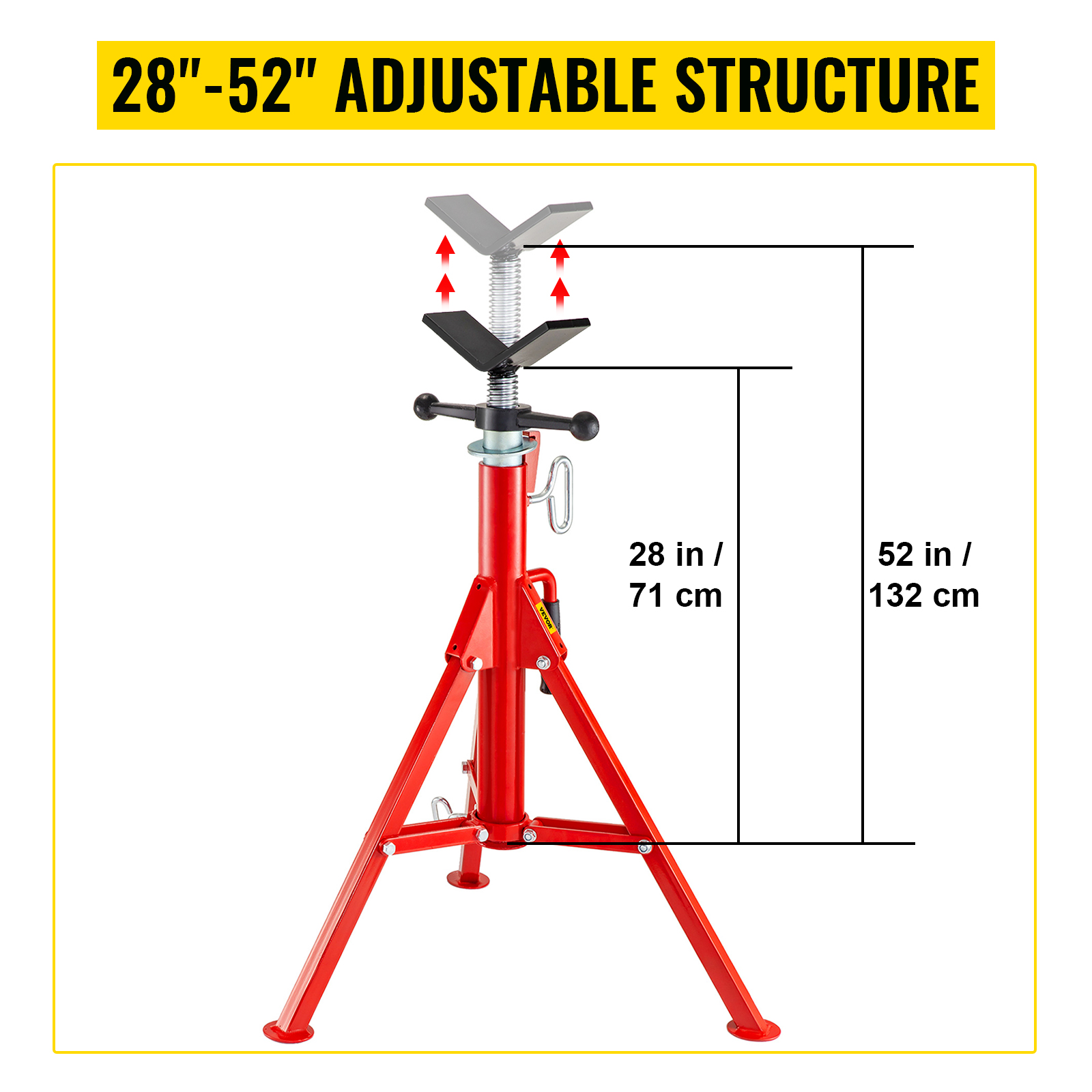 VEVOR pipe stand with adjustable height from 28" to 52", red base and v-shaped top.