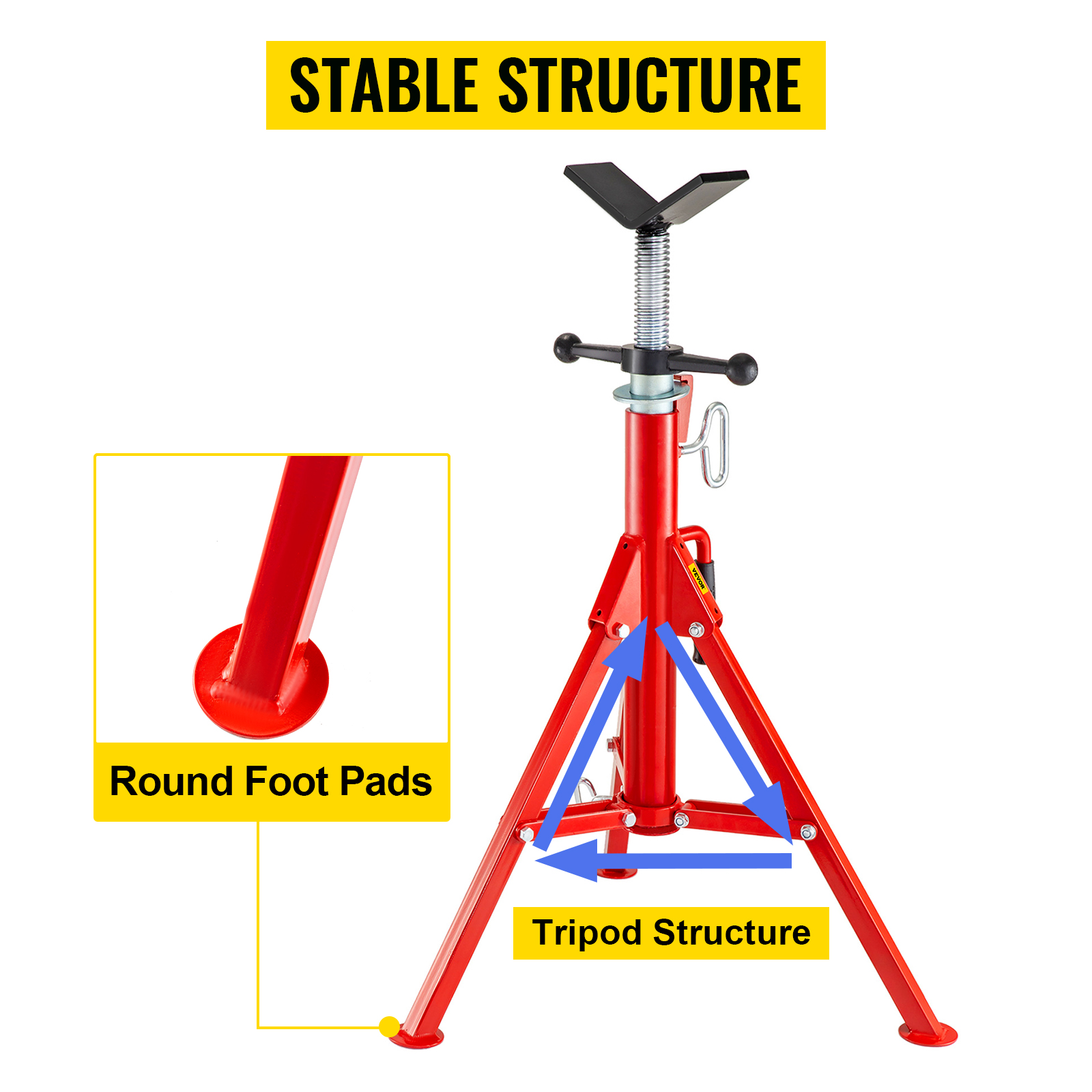 VEVOR pipe stand with stable tripod structure and round foot pads for support.