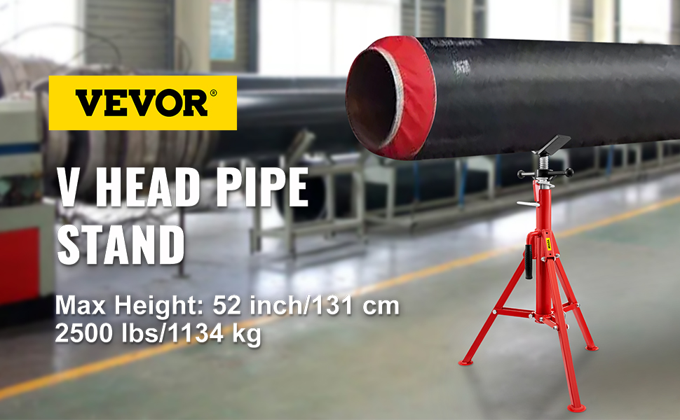 VEVOR pipe stand in factory setting with black and red pipe mounted. maximum height 52 inches.