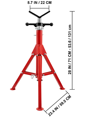 red VEVOR pipe stand with adjustable height, tri-legged base, and measurements shown.