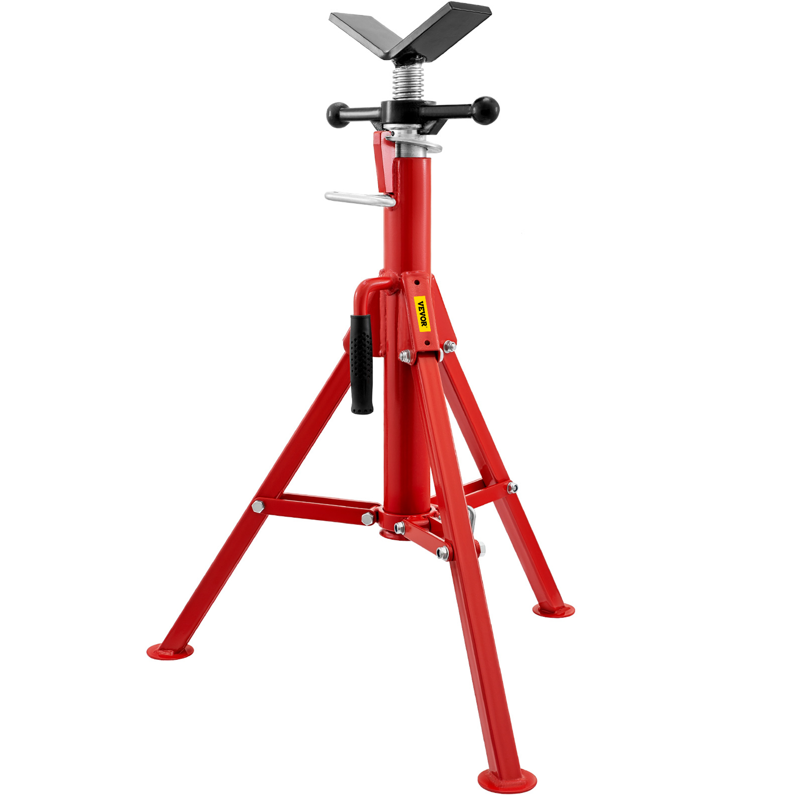 red VEVOR pipe stand with v-shaped support and adjustable height mechanism.