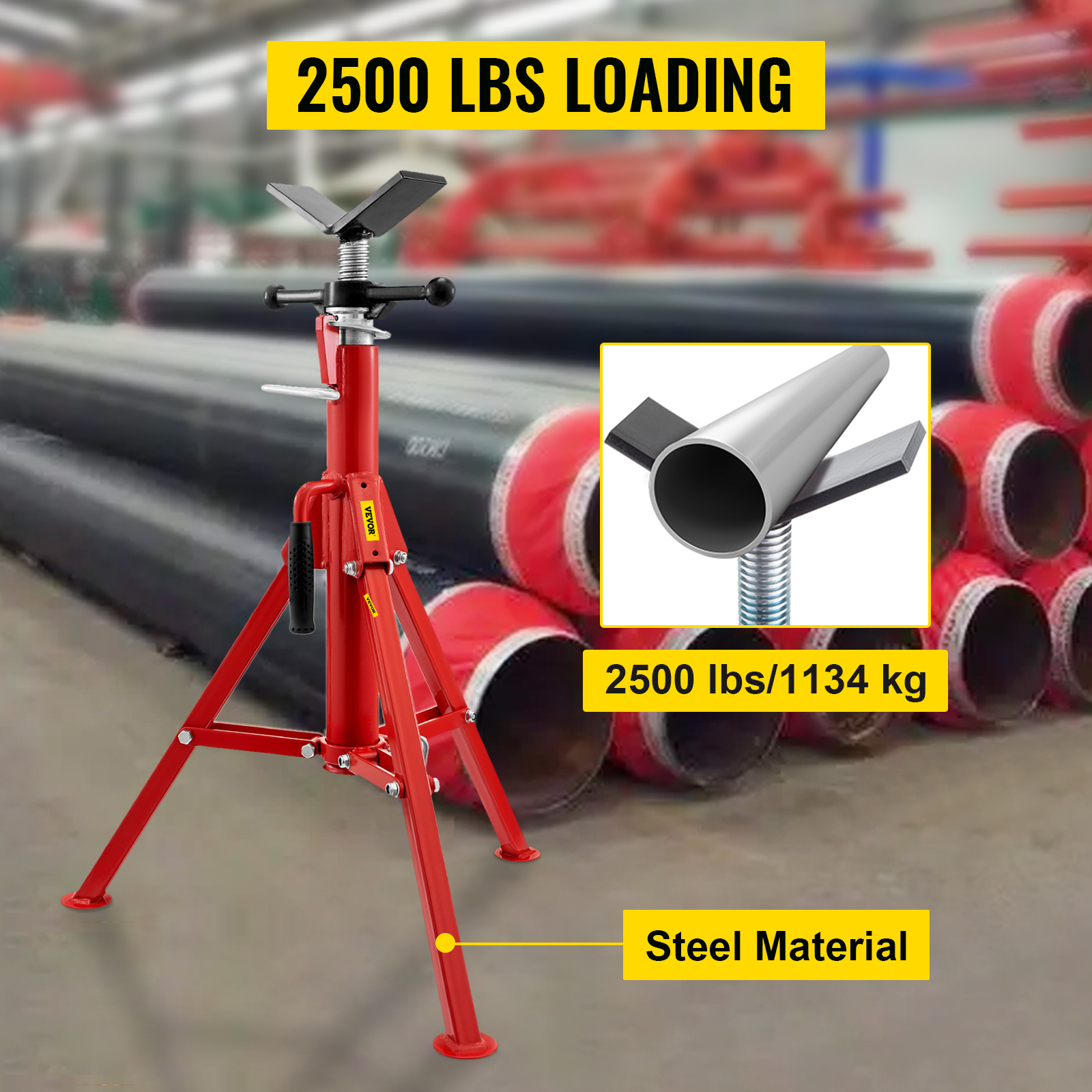 VEVOR pipe stand handling 2500 lbs, steel construction, in a pipe storage area.