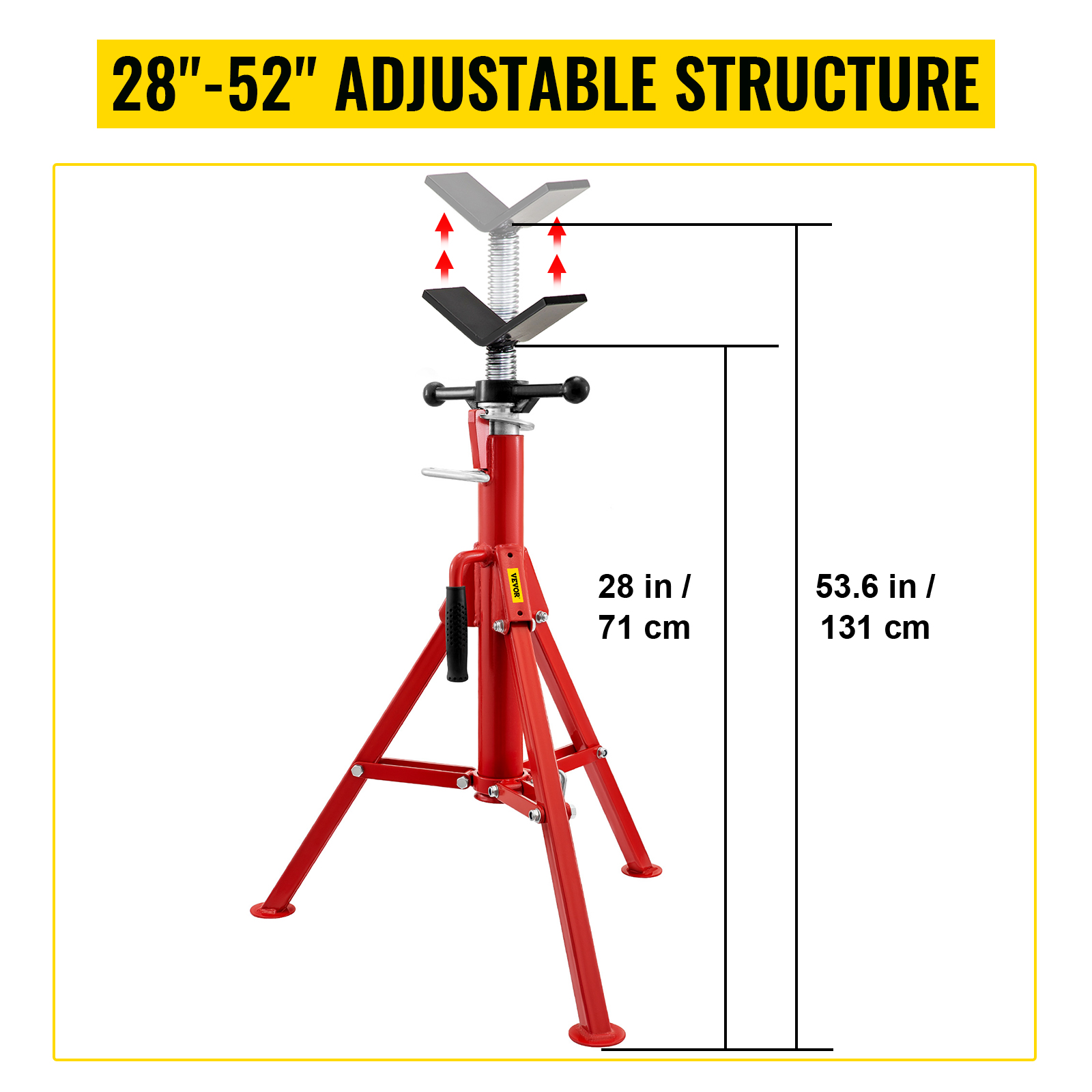VEVOR pipe stand with 28"-52" adjustable structure, red base, and measurement markers.