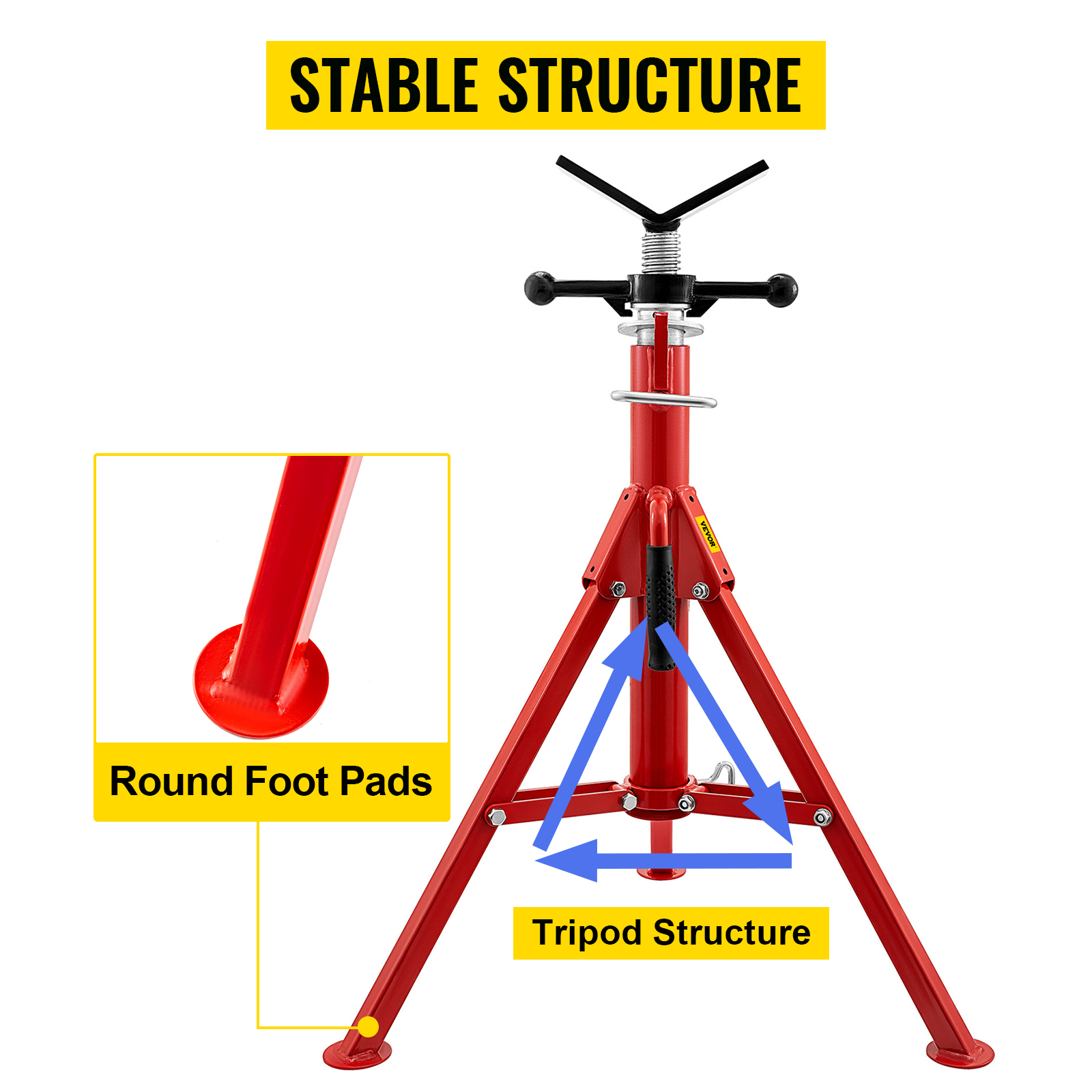 VEVOR pipe stand with red tripod structure and round foot pads for stable support.