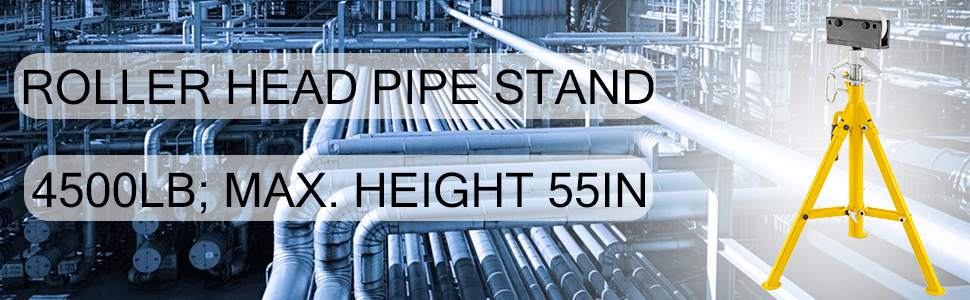 VEVOR roller pipe stand: 4500lb capacity, max height 55in, yellow stand in industrial setting
