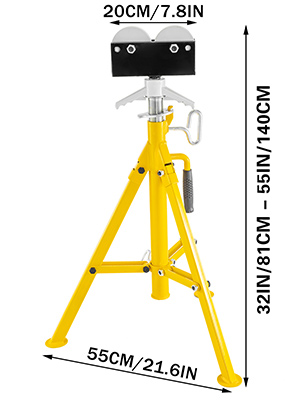 VEVOR roller pipe stand with adjustable height and yellow legs, measures 32-55 inches tall.