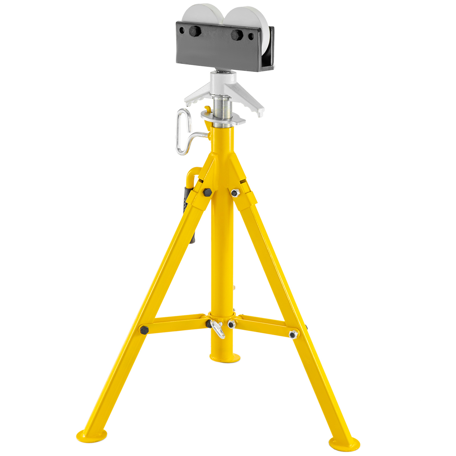yellow VEVOR roller pipe stand with adjustable tripod base and dual rollers.