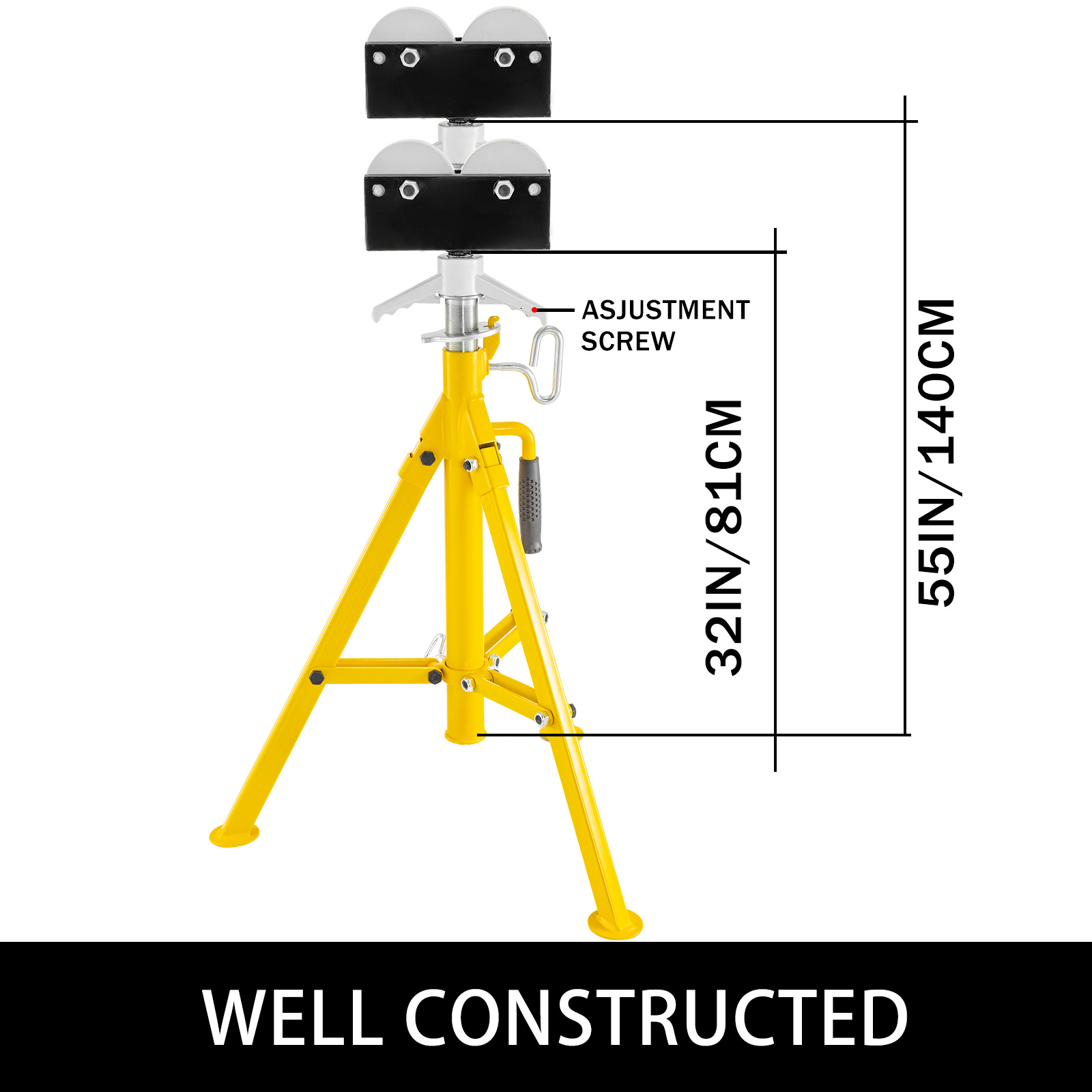 yellow VEVOR roller pipe stand with adjustments, dimensions: 32in/81cm to 55in/140cm.