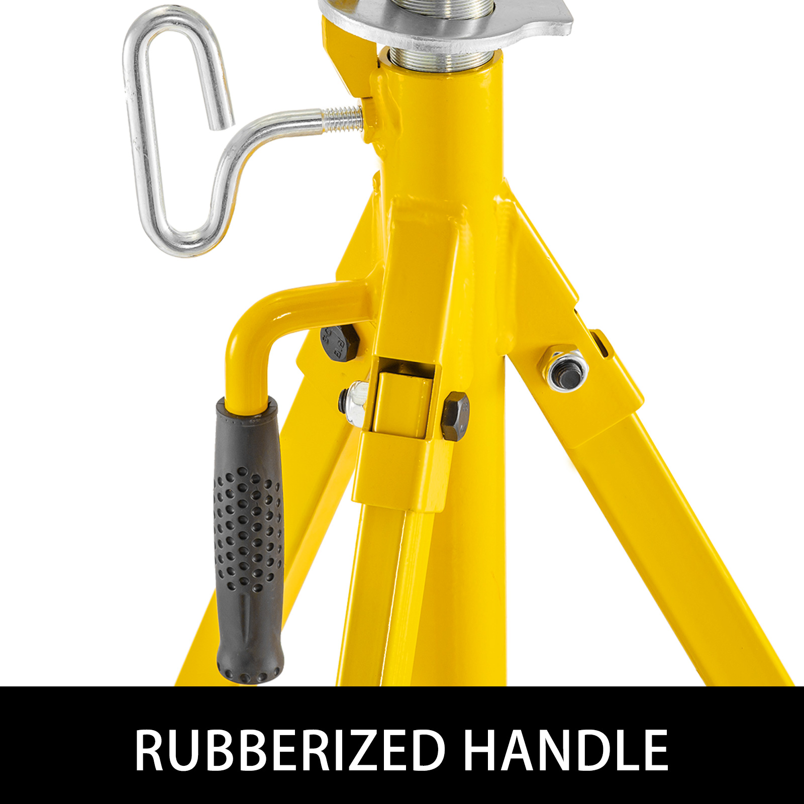 yellow VEVOR roller pipe stand with rubberized handle.