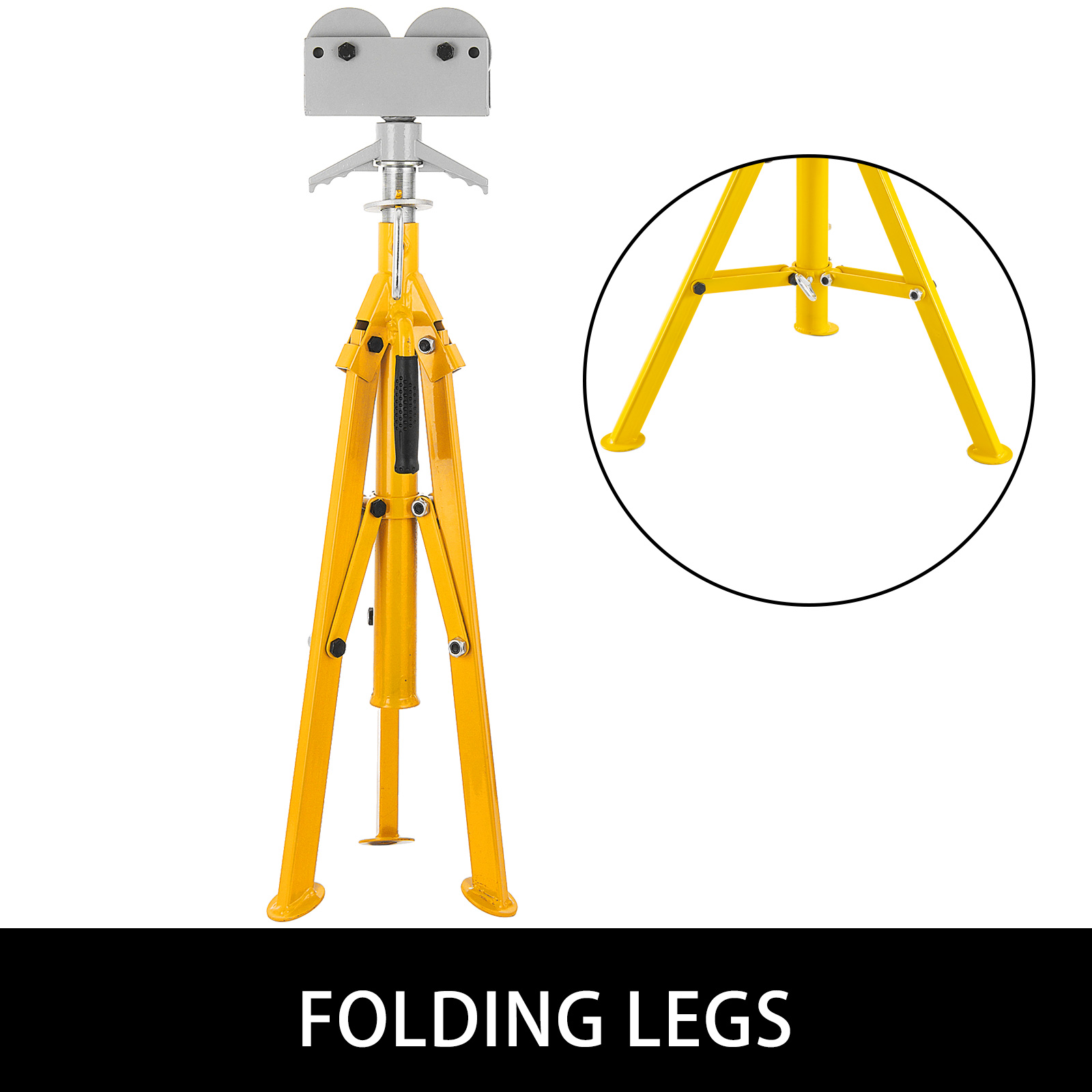 yellow VEVOR roller pipe stand with folding legs and close-up insert.