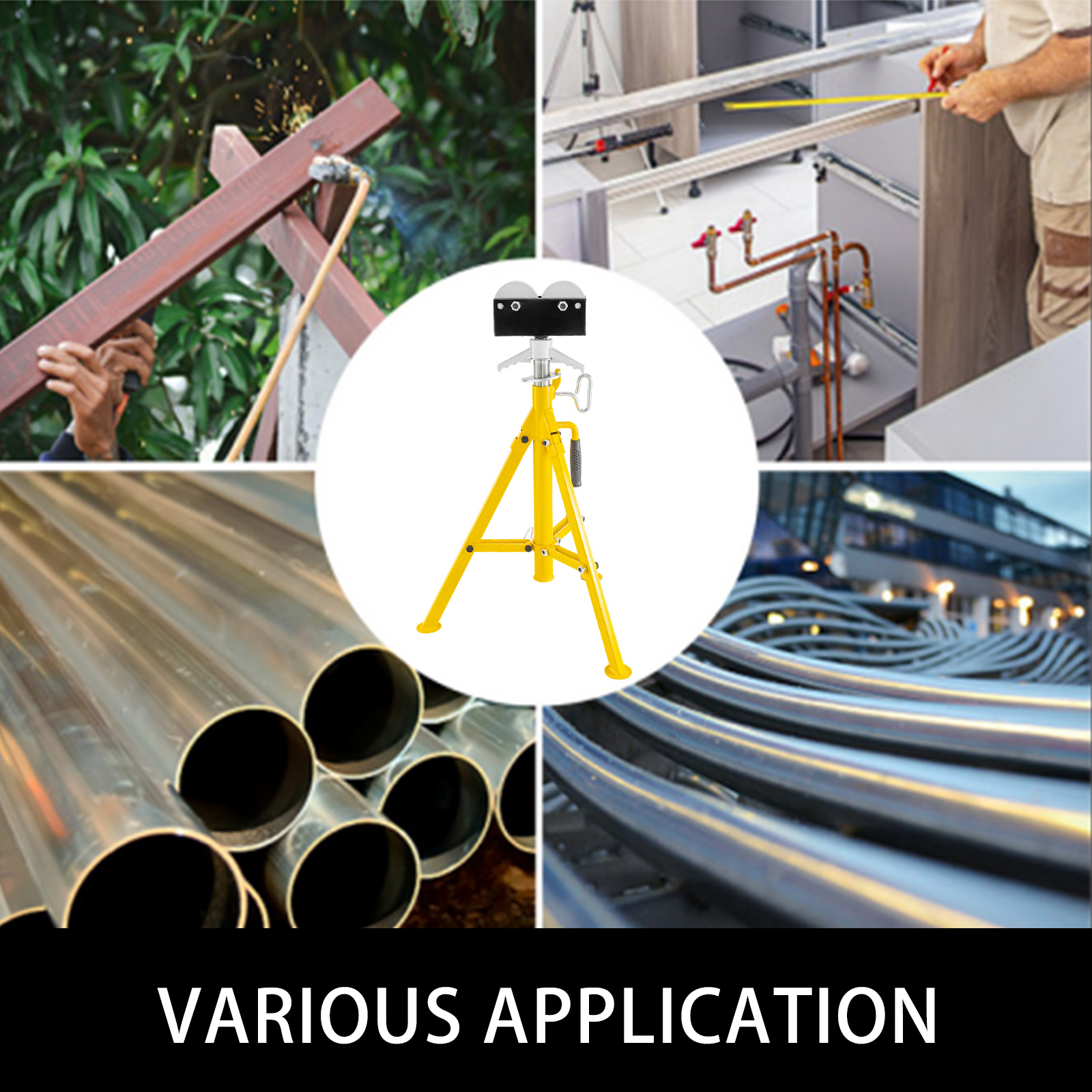 VEVOR roller pipe stand shown with various applications including metalwork and pipe handling.