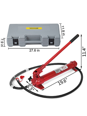 VEVOR hydraulic jack with gray carrying case and labeled dimensions.