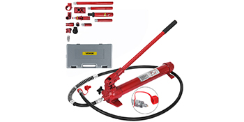 red VEVOR hydraulic jack with accessories and gray carrying case.