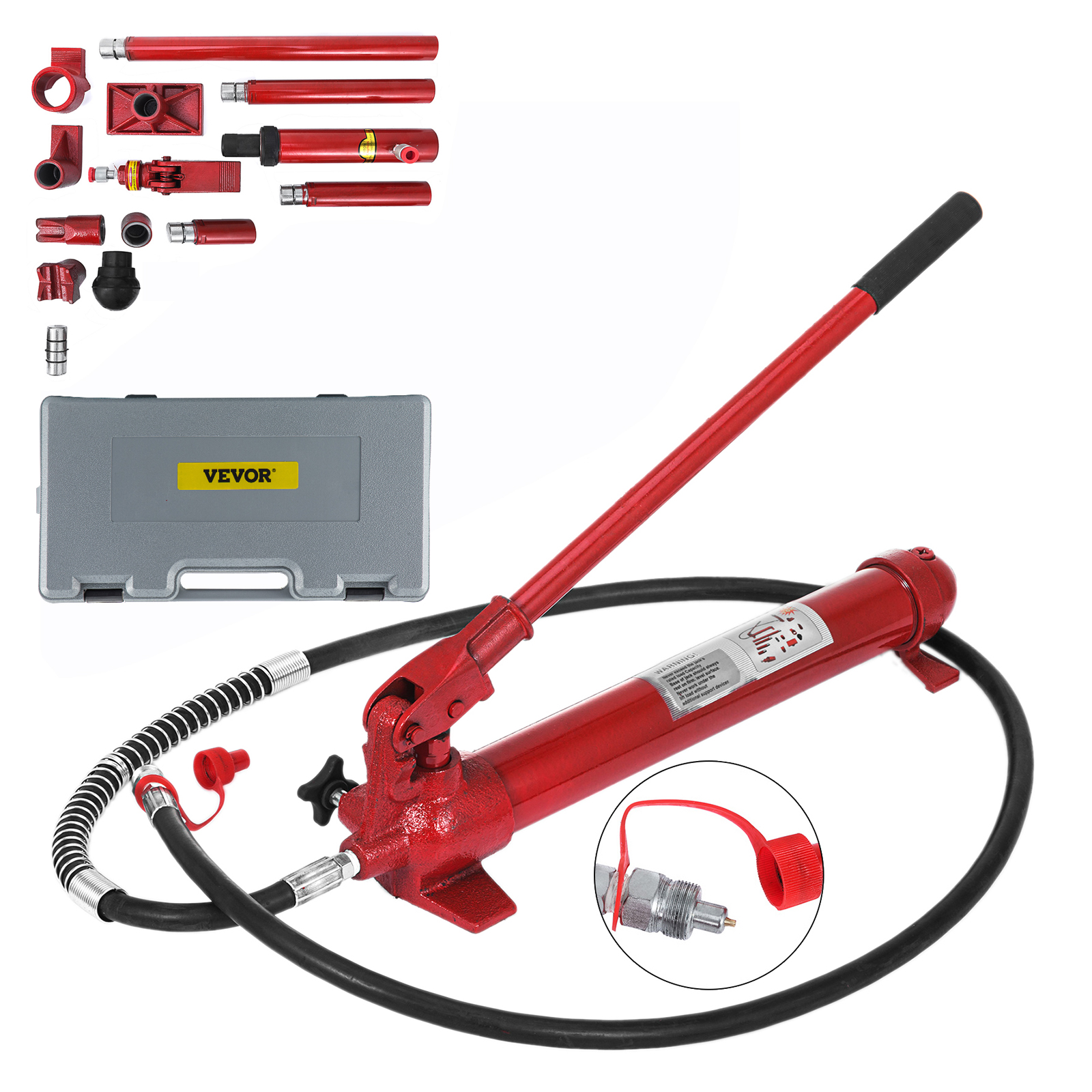 VEVOR hydraulic jack with hose, case, and various red attachments.