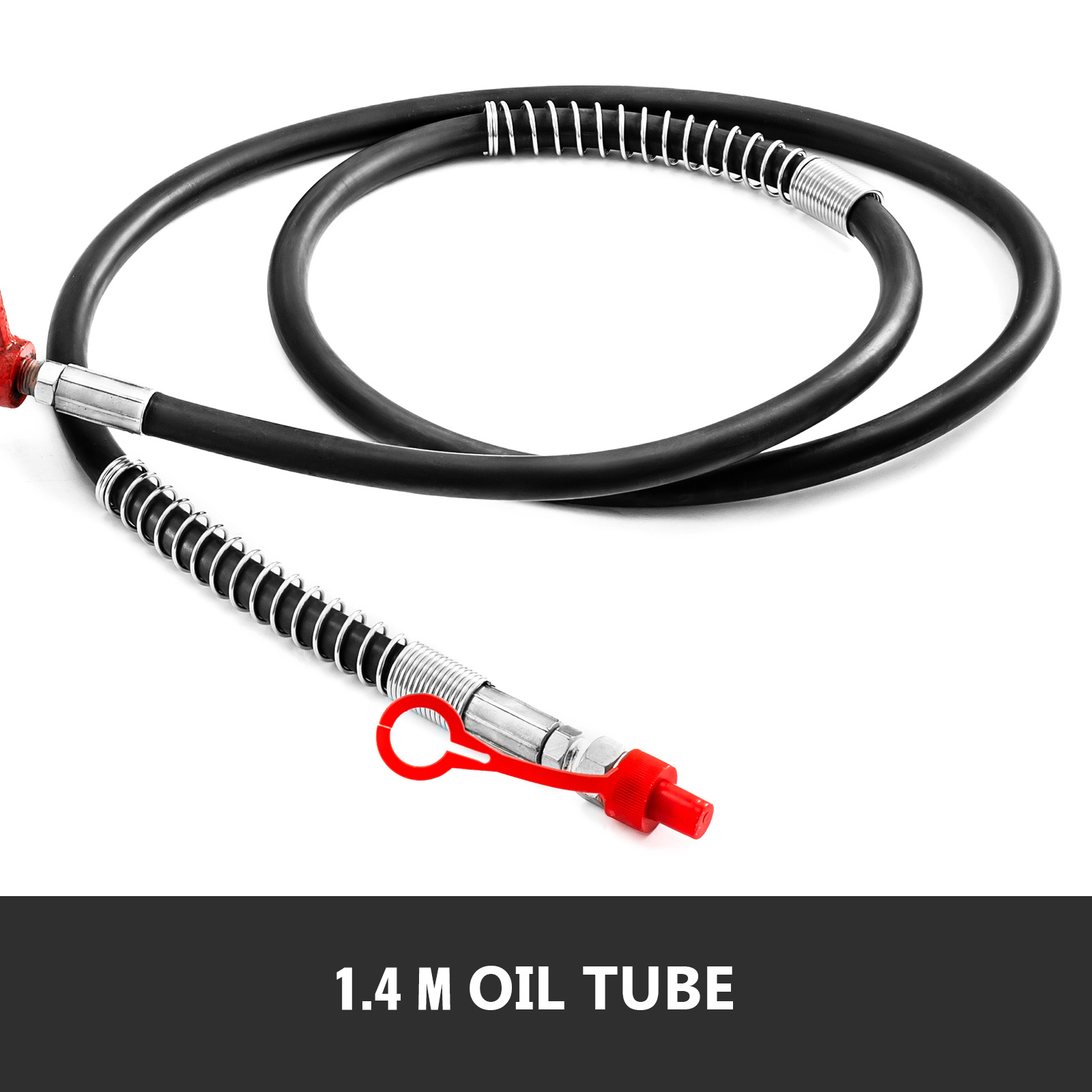 VEVOR hydraulic jack 1.4m oil tube with red cap and metal connectors.