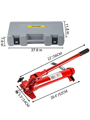 VEVOR hydraulic jack, red, with grey carrying case, measurements in inches and cm.