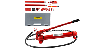 red VEVOR hydraulic jack with accessories and gray storage case.