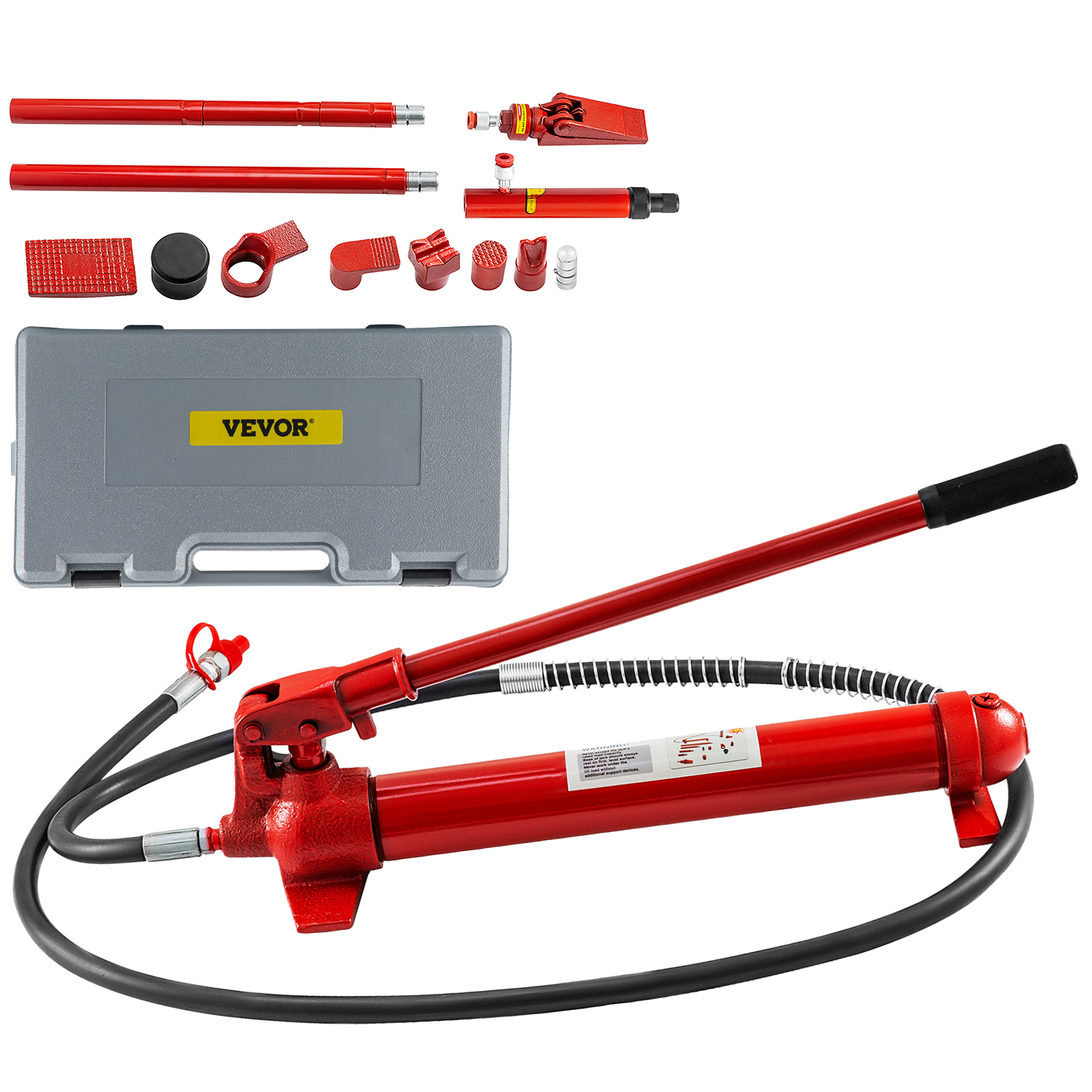 red VEVOR hydraulic jack with accessories and gray carrying case.