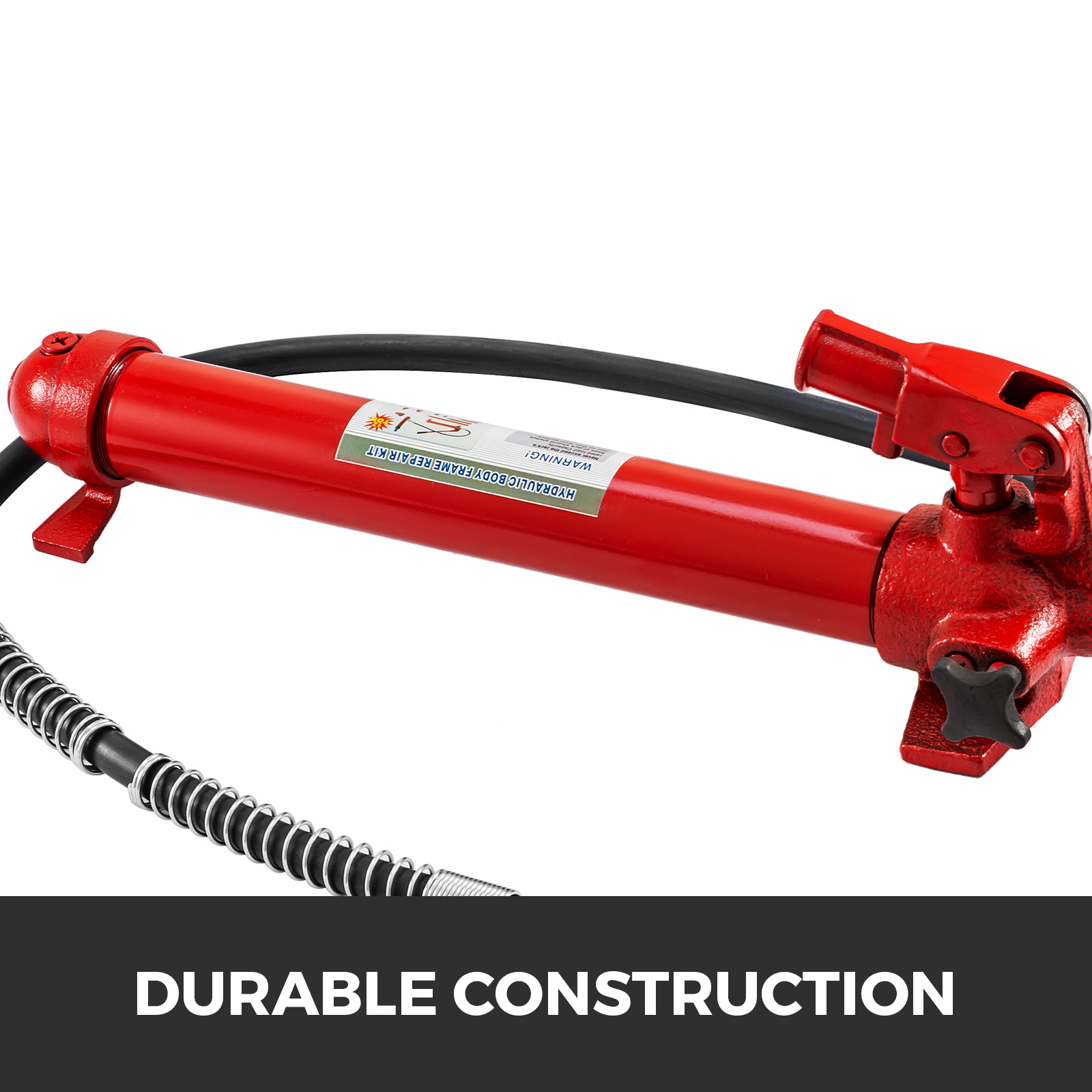 red VEVOR hydraulic jack with hose, labeled "durable construction".