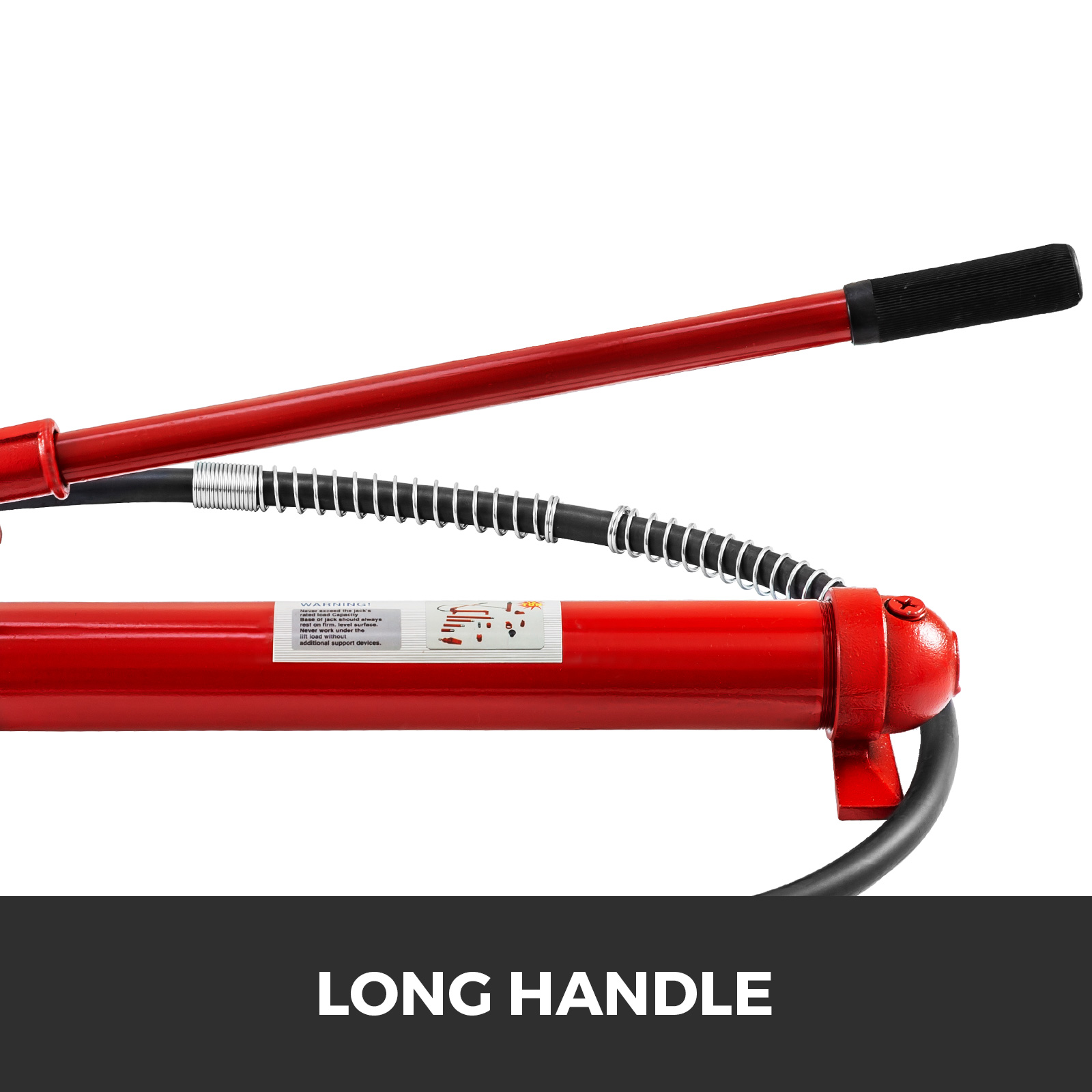 red VEVOR hydraulic jack with long handle and flexible hose.