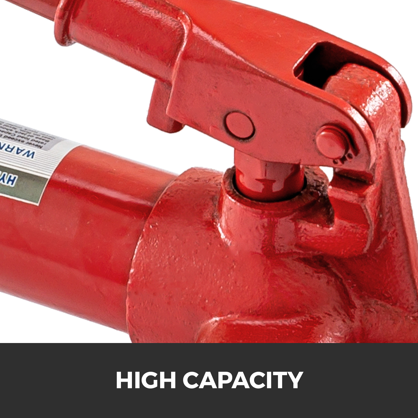 red VEVOR hydraulic jack with lever, labeled “high capacity” on a black bar.