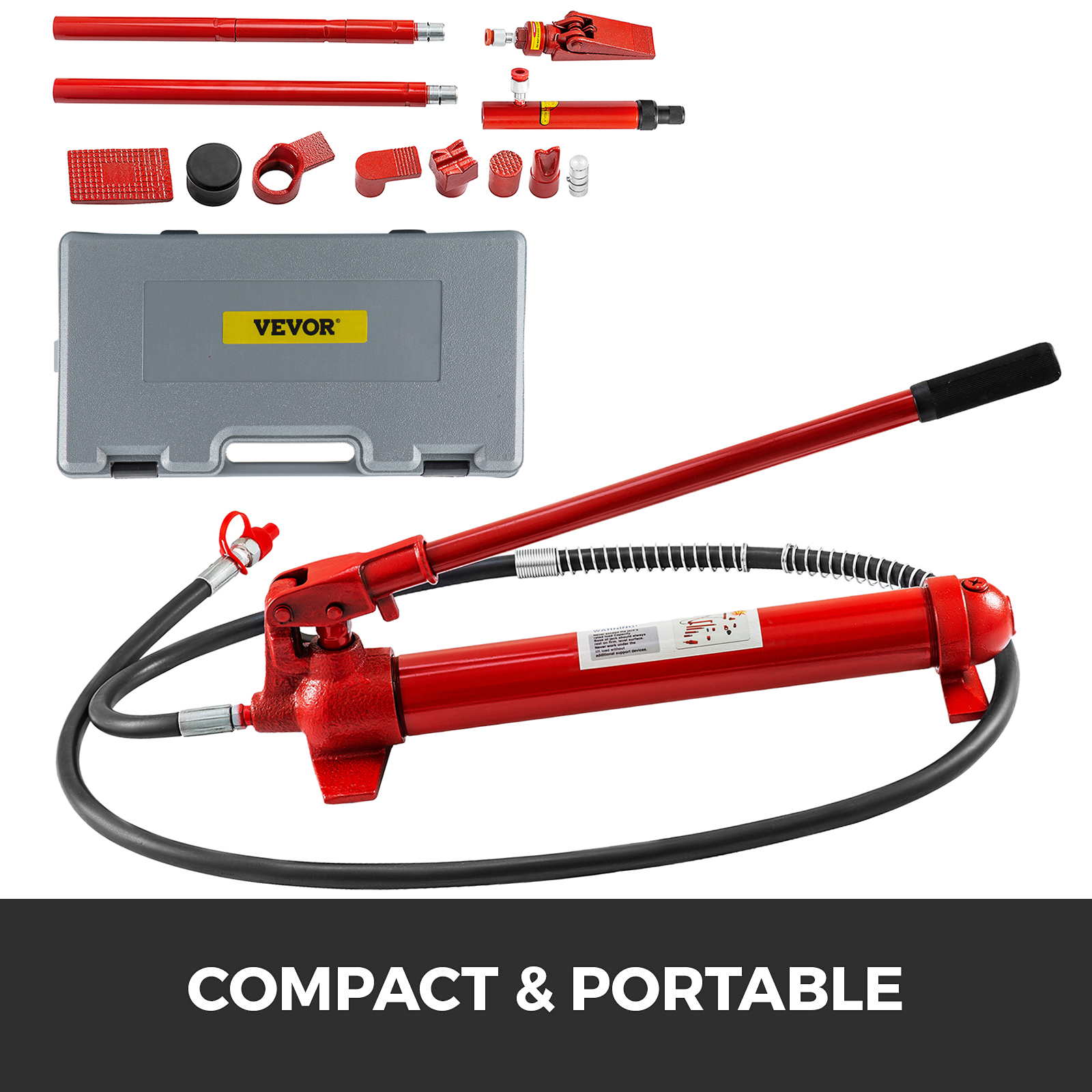 VEVOR hydraulic jack kit with red components and gray case, labeled "compact & portable".