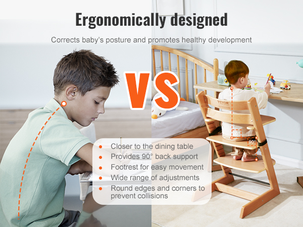 ergonomically designed VEVOR wooden high chair for correct posture and healthy baby development.
