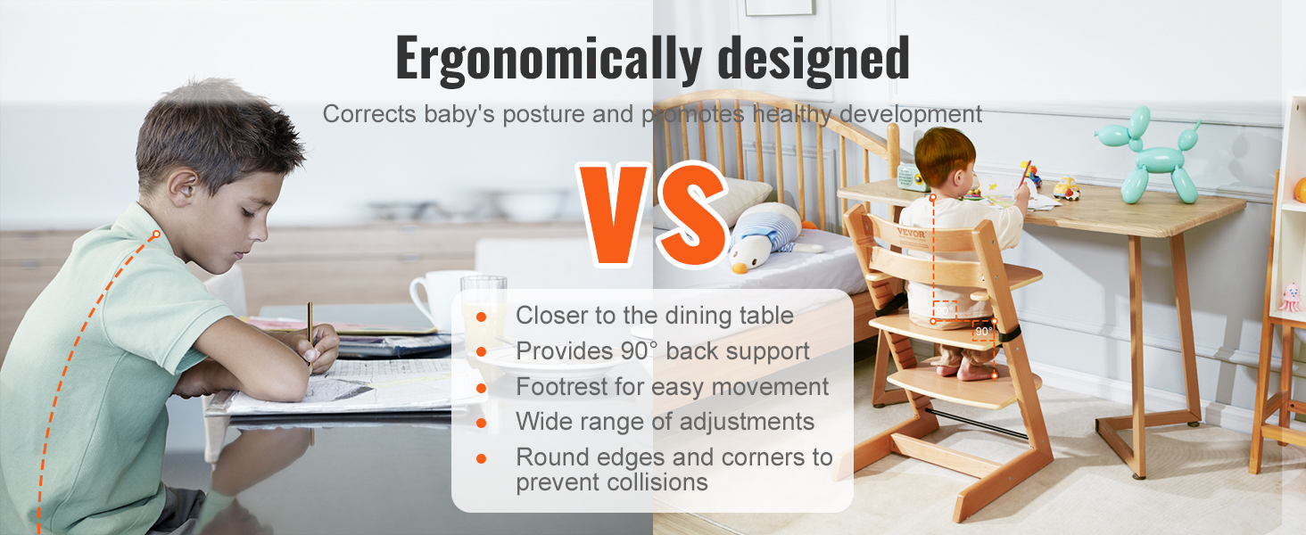 ergonomically designed VEVOR wooden high chair for correct posture and healthy baby development.