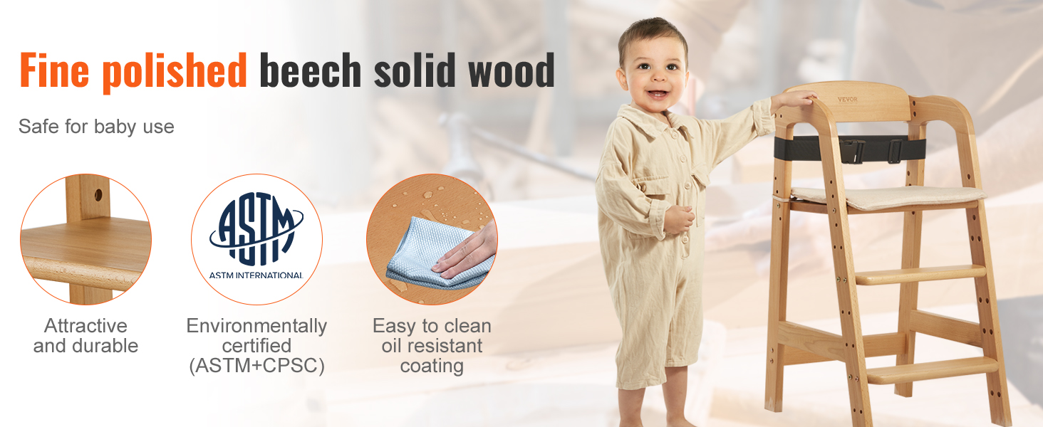 VEVOR wooden high chair made of fine polished beech, safe for baby, astm certified, and easy to clean.