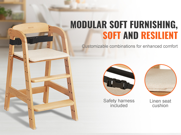 VEVOR wooden high chair with safety harness and linen seat cushion for enhanced comfort and resilience.