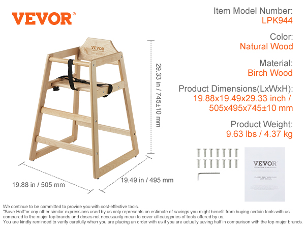 VEVOR natural birch wood baby high chair, model lpk944, dimensions 19.88x19.49x29.33 in.