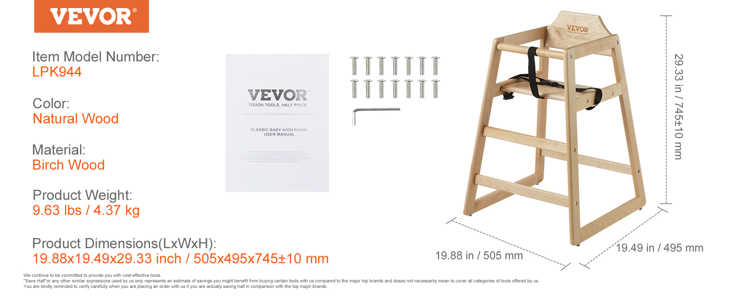 VEVOR natural birch wood baby high chair, model lpk944, dimensions 19.88x19.49x29.33 in.