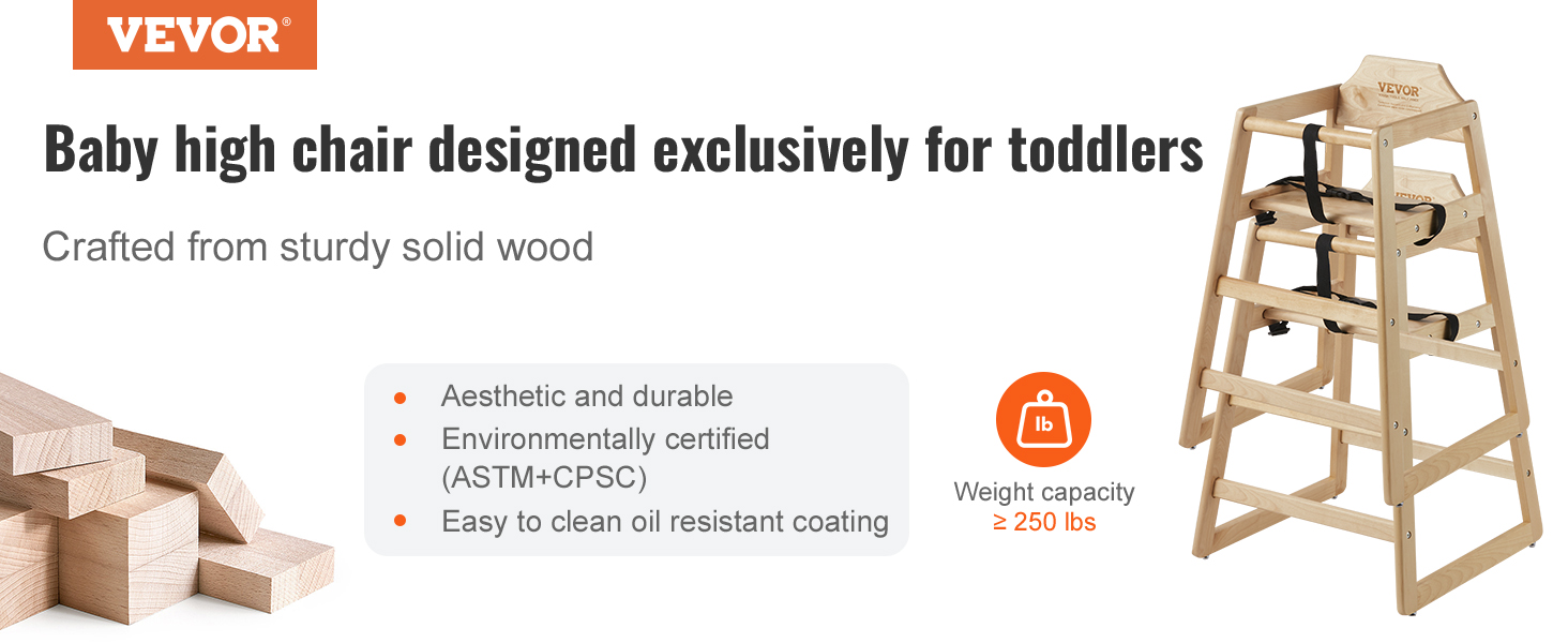 VEVOR wooden high chair for toddlers, crafted from solid wood, eco-certified, easy to clean, supports 250 lbs.
