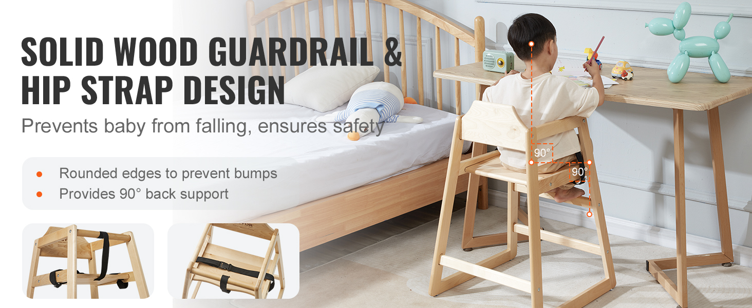 child seated in VEVOR wooden high chair with solid wood guardrail and hip strap design for safety.