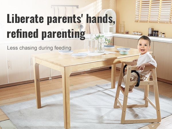 child sitting in VEVOR wooden high chair at dining table promoting refined parenting and ease during feeding.
